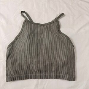 LA‎ Heart Ribbed Cropped Tank Top Women's Extra Small Gray Green XS